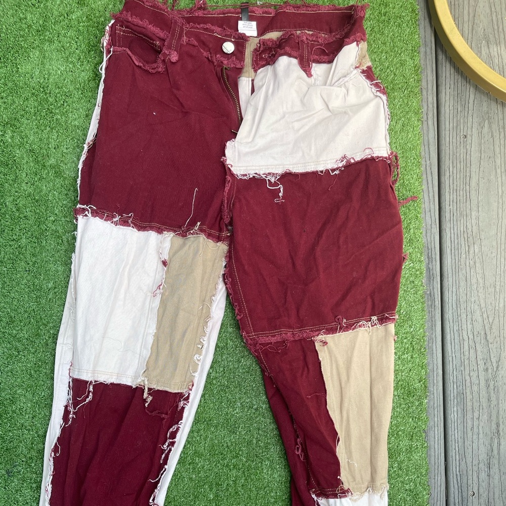 Patchwork Red and Beige Pants